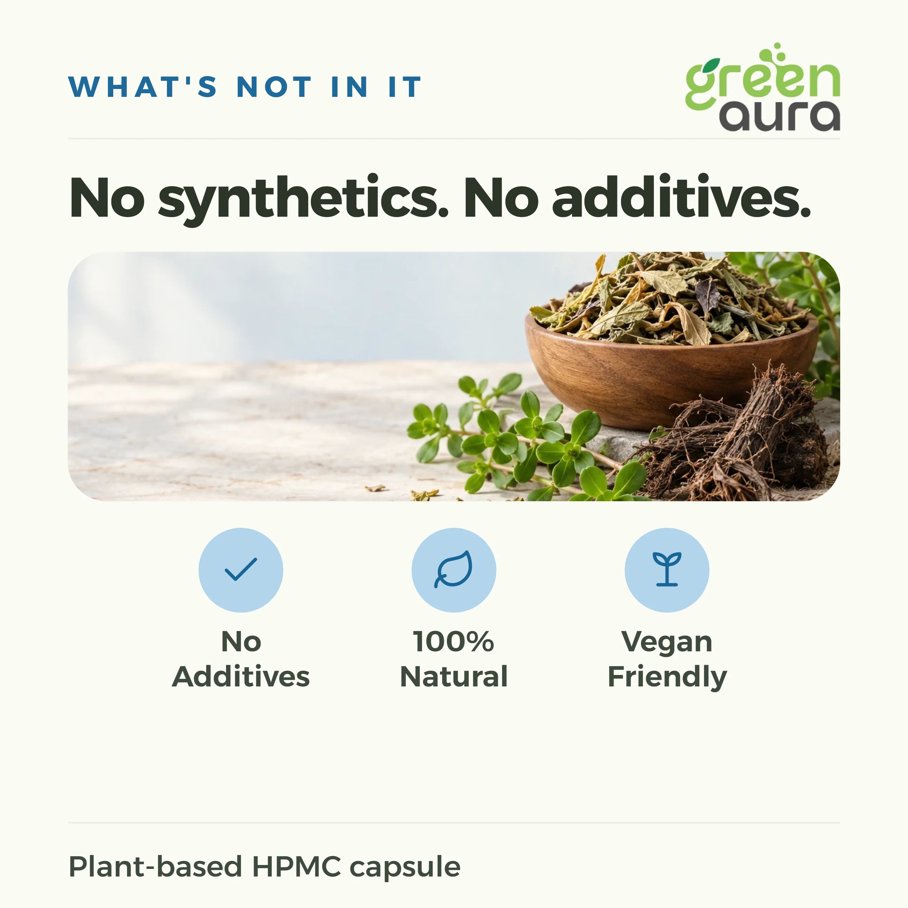 No synthetics, no additives: herbs and capsules, plant-based HPMC capsule